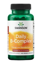 Swanson Daily B-Complex supplement bottle with 100 veggie capsules for energy and metabolism support.
